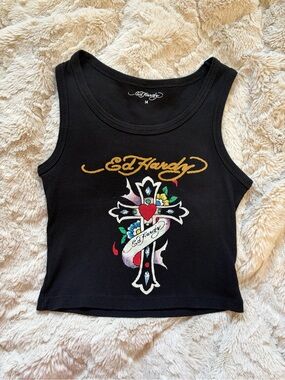Ed Hardy Black Tank Top with Colorful Cross Graphic